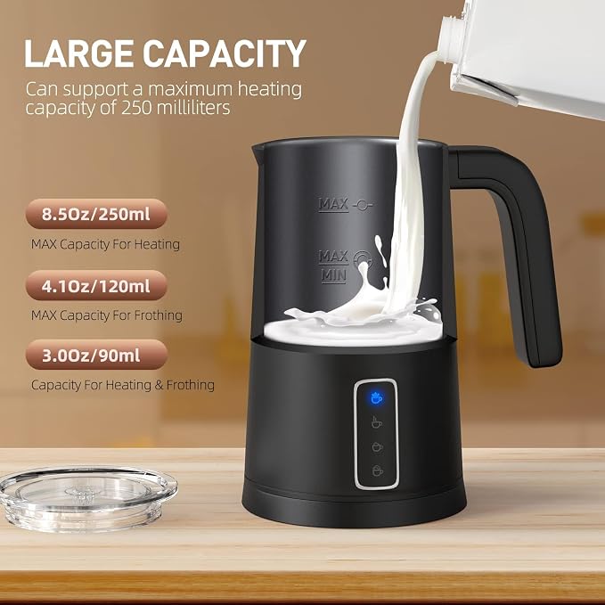 GUGTTR Milk Frother, 4-in-1 Electric Milk Steamer, 8.5oz/250 mL with 4 Whisk, Automatic Warm & Cold Foam Maker and Milk Warmer for Coffee, Latte, Cappuccino, Macchiato, Hot Chocolate (Black)