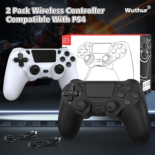 Wuthur 2 Pack Wireless Controller Compatible with PS4 / Pro/Slim (Black & White)