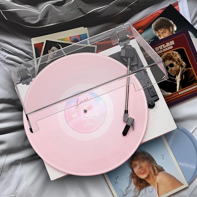 Vinyl Record Player with Built-in Speakers 3-Speed Vintage Record Player Support Treble& Bass Control, 3.5mm Headphone Jack, RCA-Out/Aux in, Belt-Driven LP Turntable,White Rose Gold