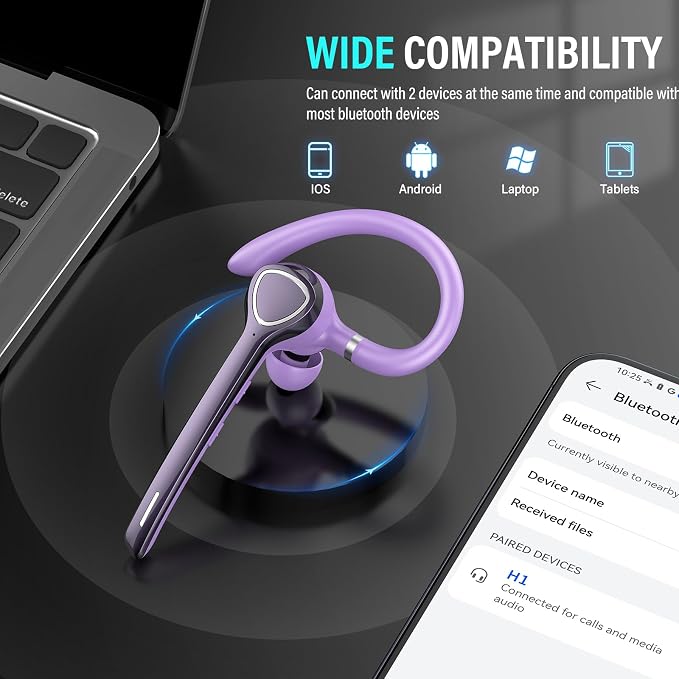 Bluetooth Headset with APTX HD Audio, Wireless Hands-Free Earpiece with CVC 8.0/ENC Dual Mic, Mute Button & Dual Device Connection, 90H Playtime Single-Ear Headphone for Trucker, Business, Purple‌