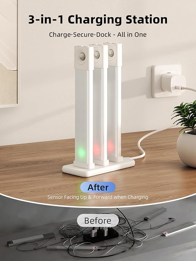 EZVALO Under Cabinet Lighting with Charging Station, 8 inch Motion Sensor Light Indoor, 1100mAh Rechargeable LED Light, 3 Color Temperatures, Dimmable Counter Lights for Kitchen, Closet, Stair (3Pack)