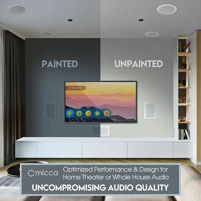 Micca M-6C 2-Way in-Ceiling Round Speaker, 7.6" Cutout Diameter, Whole House Audio, Home Theater, Indoor or Covered Outdoor, 6.5" Woofer, 1" Tweeter, White, Paintable, Each