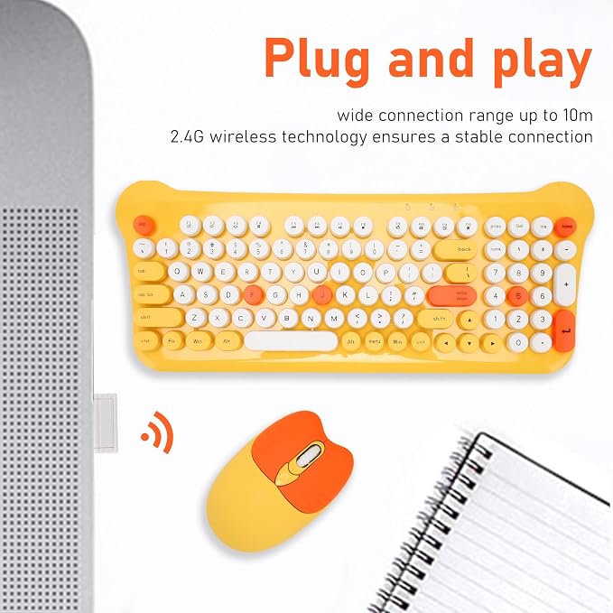 Keyboards and Mouse Combo, 98 Keys, Cute, USB Receiver, Silent Click, 2.4G Full Size, for Smart TVs (Yellow)