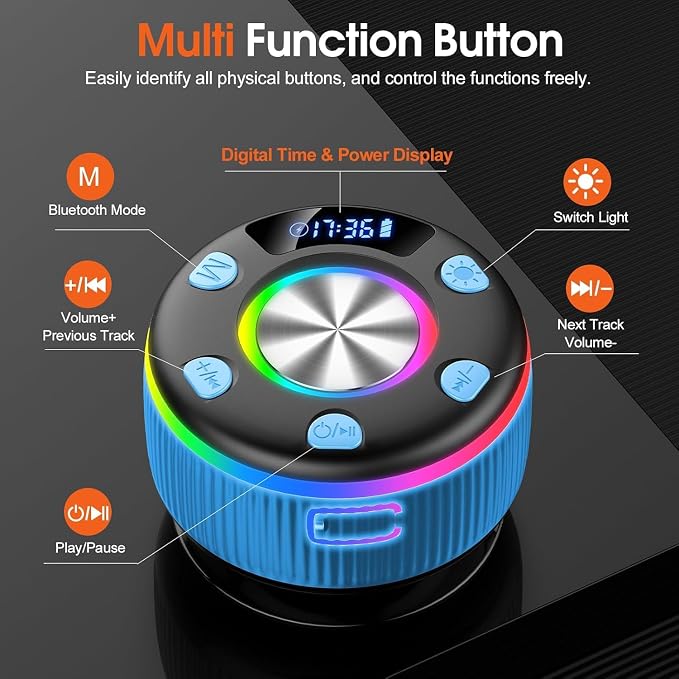 Bluetooth Shower Speaker, IP7 Waterproof Portable Bluetooth 5.3 Speakers with Suction Cup, Mini Wireless Speaker with RGB Lights Time Display, Loud Stereo Sound for Bathroom Beach Outdoor Party, Azure