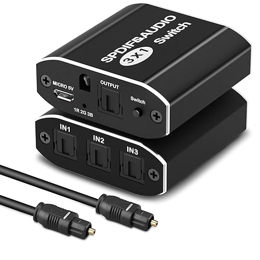 3 Ports Optical Switch, Tendak 3 in 1 Out SPDIF/TosLink Audio Switch with IR Remote Control, Digital Optical Audio Switch for TV PS4 Xbox Blu-ray Player