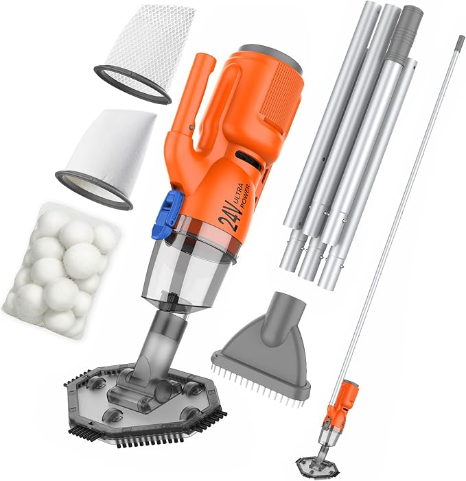 24V Cordless Handheld Pool Vacuum - 43,000Pa Hyper Suction, 3-Stage 3D Fiber Ball Micro-Filtration, Fine Filter, XL 0.3gal Canister, 7ft Pole & 2 Heads, for Inground & Above Ground Pools, Spas