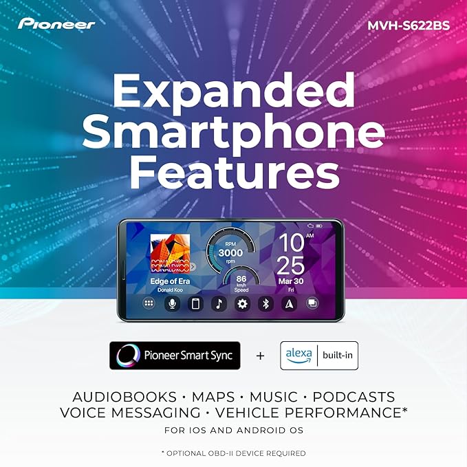 Pioneer MVH-S622BS Double Din Digital Media Receiver – Bluetooth, SiriusXM, Color Change, USB, FLAC, Voice Control, 50W x 4 Output, 13-Band EQ, AM/FM Radio, Hi-Volt RCA Preouts