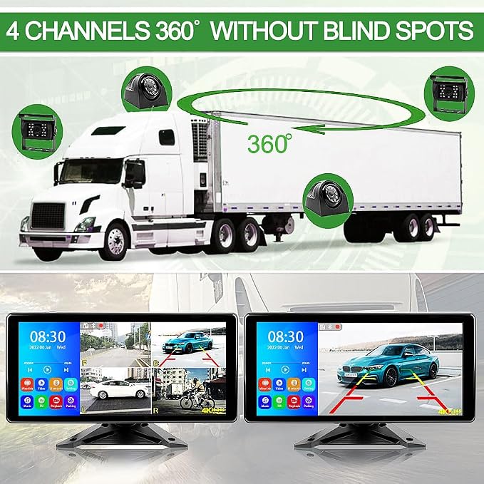 EVERSECU Car Backup Cameras System with 4K 10.36" Touch Screen Quad Display Monitor & 4pcs 1080P Backup AHD Cameras, MP5 Player, Vehicle DVR Recorder for RV/Truck/Bus/Trailer/Camper/Van