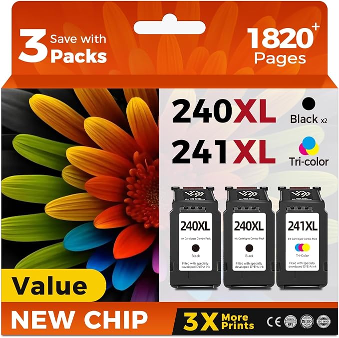 PG-240 CL-241 XL Ink Cartridge Compatible Replacement for Canon 240XL 241XL Combo Pack (3-Pack) for PIXMA MG3600 MG3620 TS5120 MG3520 MX472 TS5100 MG3220 MG3520 MG2120 MX472 Printer Black Color
