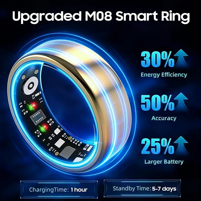 Smart Ring for Women Men, Health Fitness Ring Gen 3 with Free App No Subscription Fee, Stress & Sleep Monitor, Heart Rate & Step Tracker, IP68 Waterproof, Android/iOS Compatible (Gold,7)