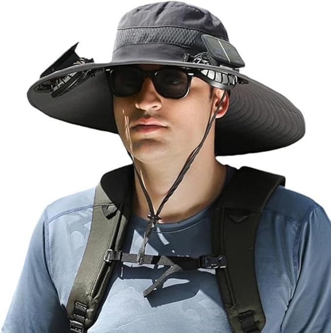 Wide Brim Solar Fan Outdoor Fishing Hat,Waterproof Hat with Two Solar Fan for Men/Women,Solar Fan Hat UPF50+