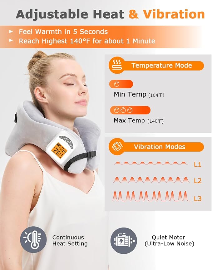 Rechargeable Heated Neck Pillow with Massage, 5000mAh Cordless Neck Heating Pad for Neck Pain, 3-Level Vibration Massage, 104-140℉ Adjustable Temp, 30/45/60Mins Timer, Type-C Cable & Storage Bag