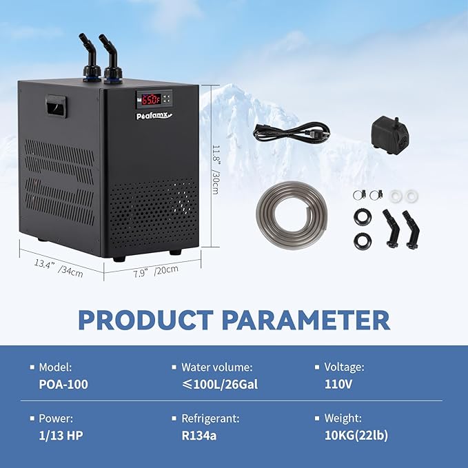 Poafamx Aquarium Chiller 26gal, 1/13 HP Small Water Chiller for Axolotl | Fish Tank Cooler with Quiet Compressor for 20-30 Gallon Saltwater Freshwater Coral Jellyfish Hydroponic 110V
