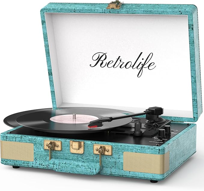 Retrolife Record Player 3 Speed Bluetooth Portable Suitcase Vinyl Player with Built-in Speakers Turntable Enhanced Audio Sound PU Leather Vintage