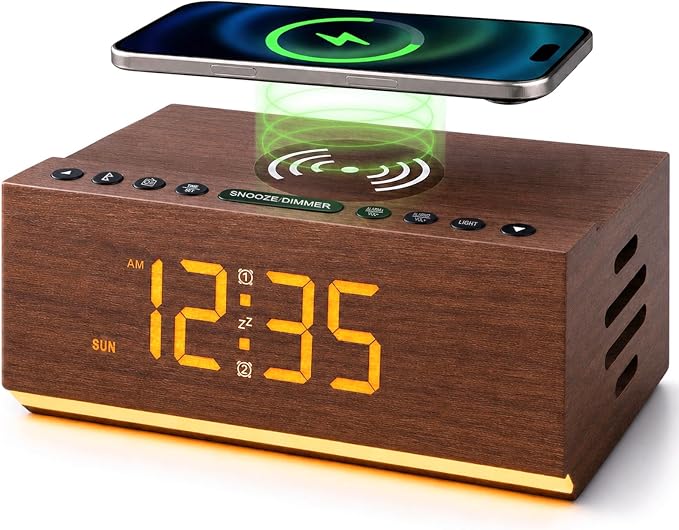 Hoifen Wooden Digital Alarm Clock with Bluetooth Speaker, Wireless Charging, FM Radio, Night Light, Auto Time Sync, Dual Alarms, USB Port, 9-Min Snooze for Bedroom, Desk, Bedside Clock Home Decor Gift