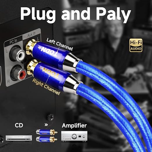 TODN 6.5ft HiFi RCA Cables with Silver-Plated-OCC Core and Triple Shielded | Treble Resolution, Noise Reduction, RCA Male to RCA Male, 24K Gold-plated Plug, Left and Right Channel