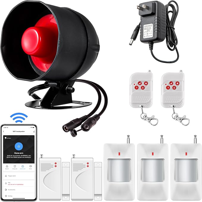 WiFi Alarm Home Security System, Wireless Alarm System with Loud 120dB Motion Sensor Siren, Window Door Alarms Sensor, Remote Control for Shed Garage