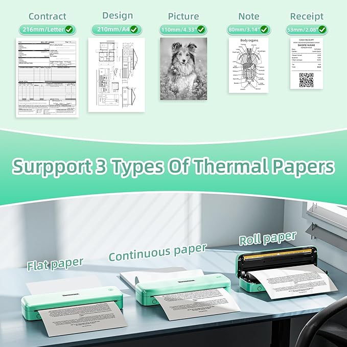 Phomemo M834 Portable Printer, Wireless Bluetooth Thermal Printer, Support Multi-Size Thermal Paper, Compatible with iOS, Android & PC, Mobile Printers for Travel, Office, School, Green