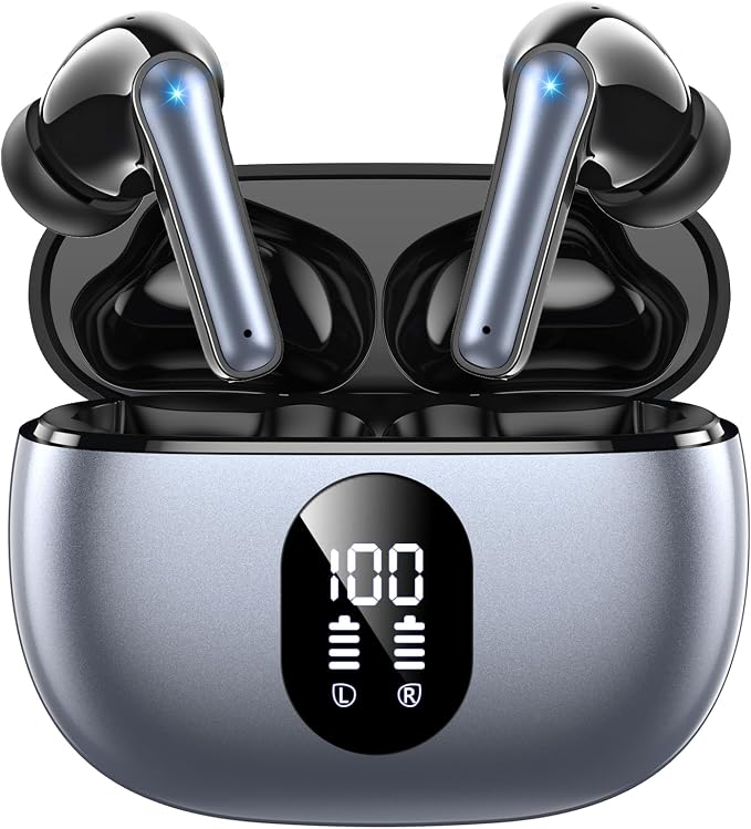 Wireless Earbuds Bluetooth 5.3 Ear Buds, Hi-Fi Stereo Bass Ear Buds with 48H Playtime & LED Display, Lightweight in-Ear Headphones with Mic, IPX7 Waterproof, Touch Control for iPhone SilverPurple