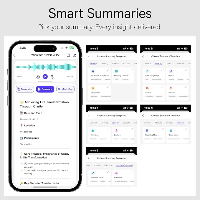 AI Voice Recorder, Note Ai Voice Recorder Transcription Summary & Mind Map, Ai Note Taking Device Supports 150 Languages, App Control