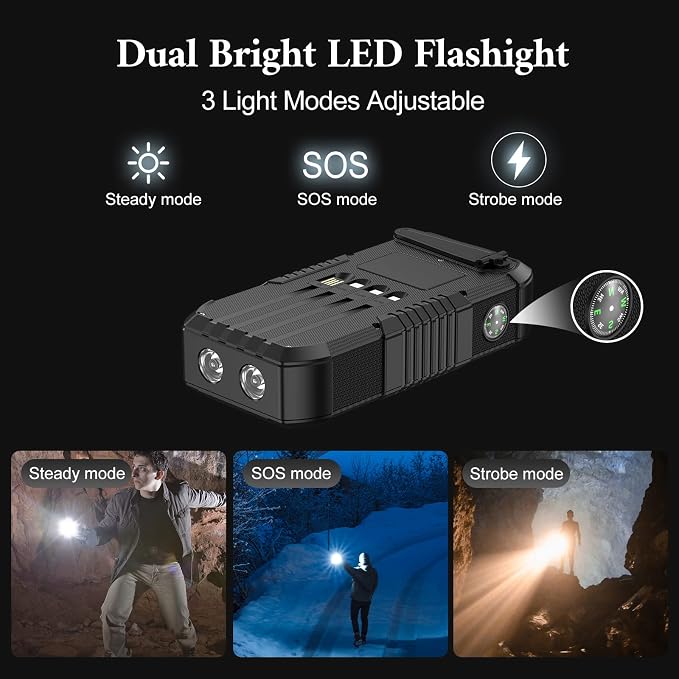 Solar Power Bank, 66800mAh, Hand Crank, 22.5W USB-C Fast Charging, 6 Outputs & 4 Inputs, SOS/Strobe/Compass, for Camping/Hiking/Trips (Black)