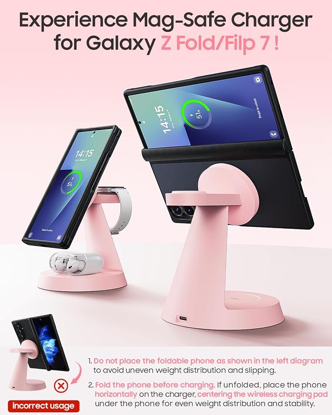 Meifigno Magnetic Wireless Charger for Samsung, 3 in 1 Charging Station Compatible with MagSafe Samsung Charger for Galaxy S26 Ultra S25 Z Fold7/Flip7, Charger Stand for Galaxy Watch Ultra 8 7, Pink