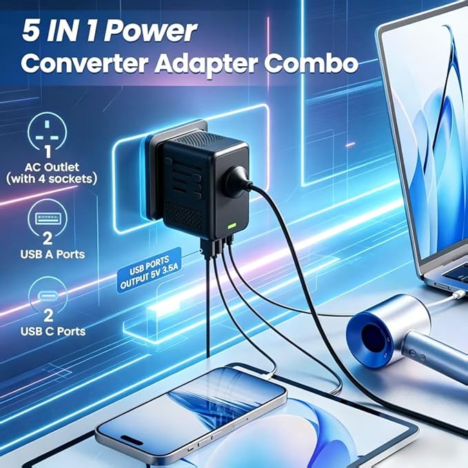 220V to 110V Voltage Converter US to Europe for Hair Dryer, Power Converter Adapter Combo with Fast Charging 2 USB A & 2 USB C, International Adapter European Travel Converter C G A I (Black)