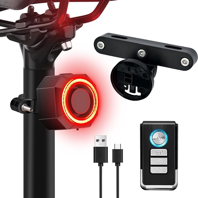NineLeaf Bicycle Tail Light Rechargeable,Bike Tail Light with Alarm and Remote,Bike Alarms for Ebikes,IP65,113dB Alarms, Level 7 Sensitivity, Auto ON/Off Bike Tail Light with Smart Brake Lights