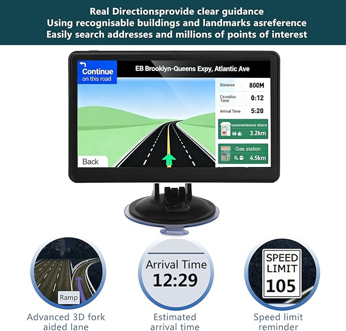 Car GPS Navigation, 7 inch Touch Screen with 2026 Map, Voice Turn Direction Guidance, Support Speed and Red Light Warning, Pre-Installed North America Lifetime Map Free Update