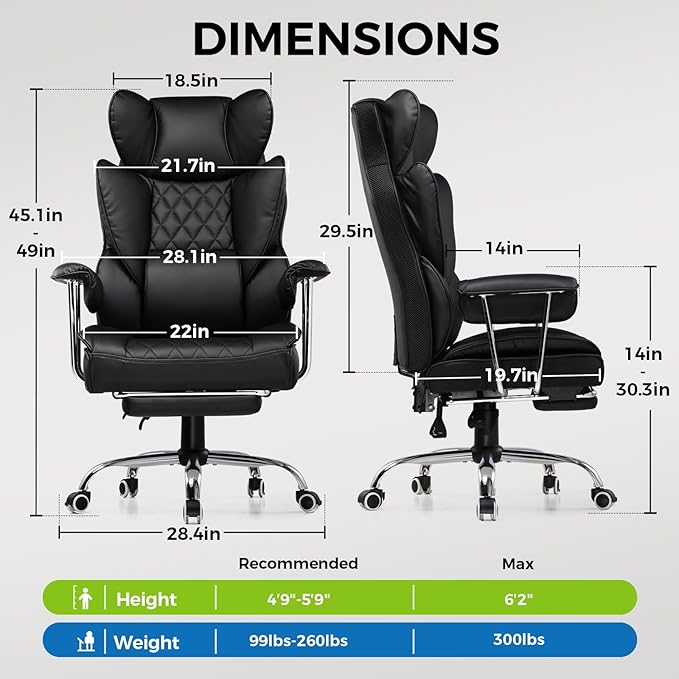 GTPLAYER Gaming Chair,Office Chair with Pocket Spring Lumbar Support, Ergonomic Comfortable Wide Office Desk Computer Chair with Outward Fixed Soft Armrests and Footrest (PU Leather, Black)
