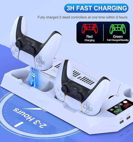 PS5/Slim/Pro Cooling Station for PlayStation 5 Console Disc/Digital Edition - PS5 Slim Pro Cooling Stand with Controller Charging Station Accessories-Cooler Fan/Headset Holder/3 USB Hub, White