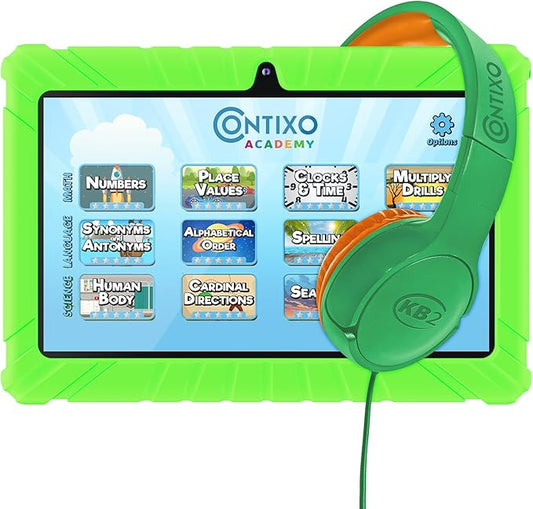 Contixo 7 Kids Tablet Bundle - Learning Tablets and Headphones for Kids, Includes 14 Teacher's Approved Apps, 7-inch HD, Ages 3-7, Parental Control, Android 11, 32GB, WiFi - Green (Kid Gift)