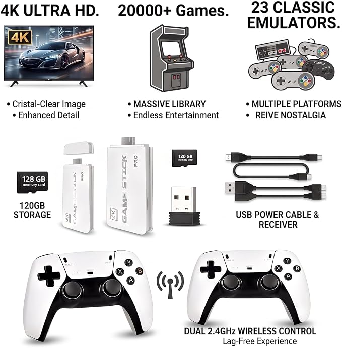 2026 New Retro Game Console: Features 128GB of Built-in Storage, Comes pre-Loaded with Over 20,000 Classic Retro Games, Supports 4K HDMI TV Output, and is a Plug-and-Play Portable Retro Gaming System