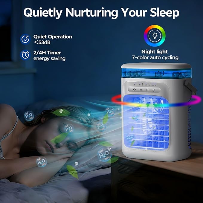 Portable Air Conditioners,Portable AC Unit with 3 Speed 2 Mist Modes Rapid Cooling,Mini Air Conditioner with 1000ML Water Tank 2/4H Timer LED Lights,Cooling AC Fan for Bedroom Office Camping Car RV