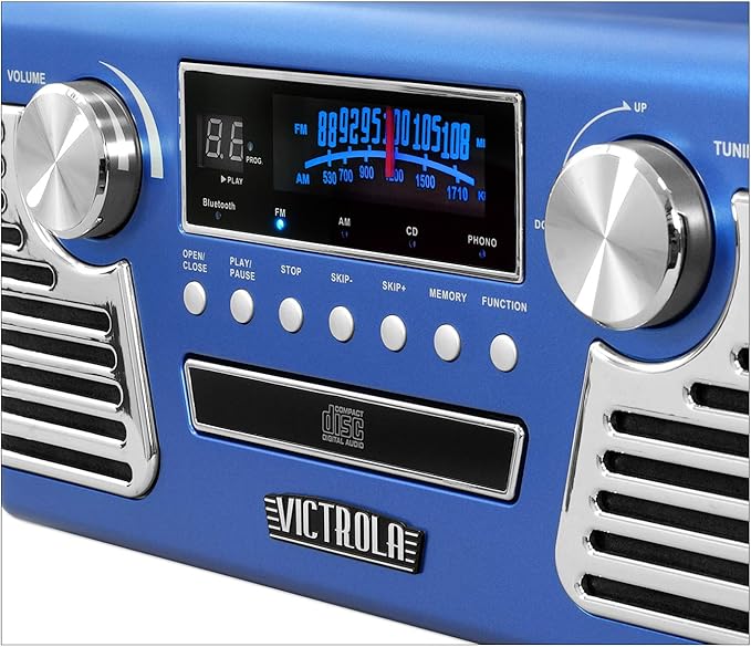 Victrola Haley Retro Bluetooth Record Player & Multimedia Center with Built-in Speakers - 3-Speed Turntable, CD Player, AM/FM Radio, 3.5mm Aux-In, Wireless Music Streaming, Blue