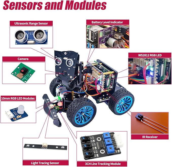 Adeept PiCar-B Mars Rover Smart Car Kit for Raspberry Pi 5/4B/3B/3B+, Obstacle Avoidance, Line Tracking, Light Tracing, Camera, Speech Recognition, Python, PDF Tutorials(Raspberry Pi NOT Included)