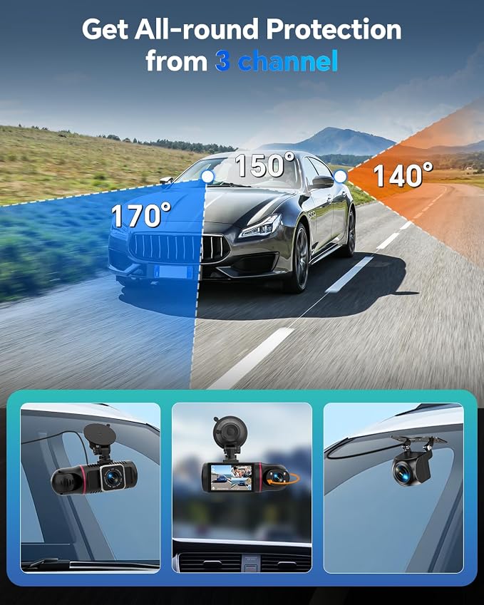 Dash Cam Front and Rear Inside 3 Channel, 1080P Dashcam with 64GB Card, Dash Camera for Cars with 24H Parking Monitor, Super Night Vision, Loop Recording, G-Sensor, WDR, 2.3" Screen for Taxi