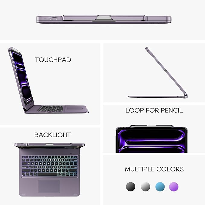 edaiser Swivel Keyboard Case for Apple 2026 iPad Air 13-inch M4 M3 M2, iPad Pro 13 inch M4 M5, iPad Pro 12.9-inch 6th-3rd; 360 Rotatable Cover with Pencil Holder, Trackpad, Backlit, Metallic Purple