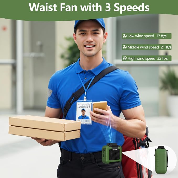 Portable Waist Fan - 6000mAh Battery, 3 Speeds, Strong Airflow, Up to 16 Hours Working Time, Portable Hands-Free Cooling Belt Clip Fan for Construction Workers, Couriers, and Campers