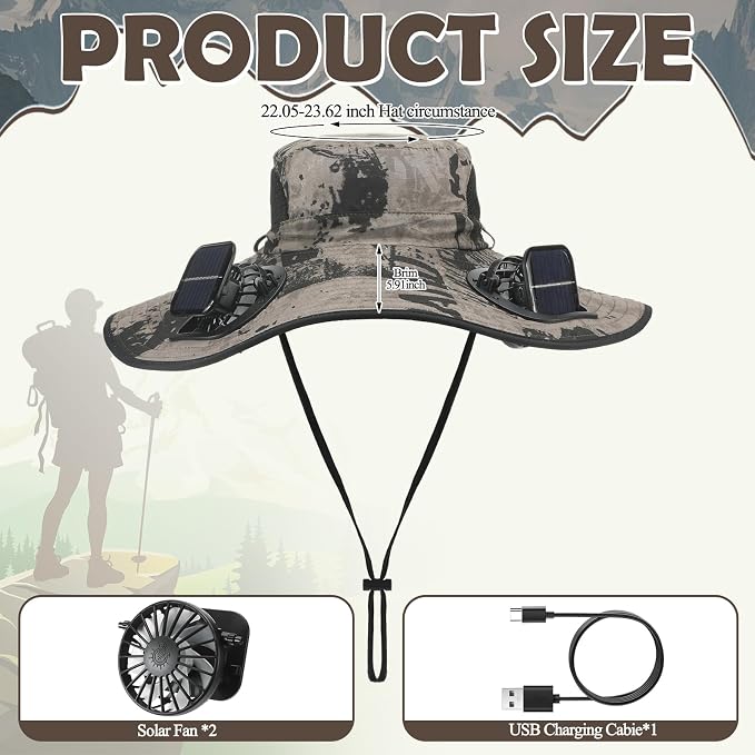 Berlune Sun Hat with 2 Solar Fan Wide Brim Fishing Bucket Hat USB & Solar for Men Women UPF 50+ Cooling for Fishing Beach