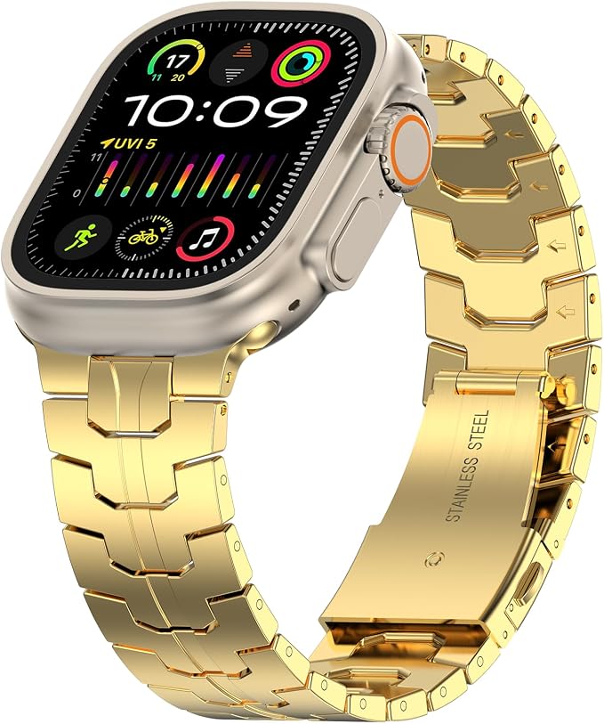 MioHHR Stainless Steel Band Compatible with Apple Watch Band 49mm 46mm 45mm 44mm 42mm(Series 3/2/1), Adjustable Metal Band for Men iWatch Series 10 9 8 7 6 5 4 3 2 1 SE SE2 SE3 Ultra3/2/1, Gold