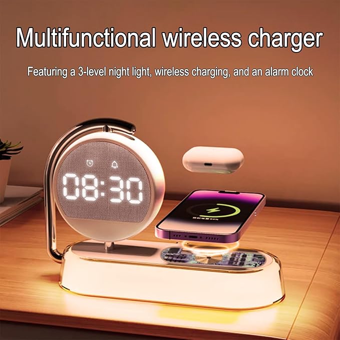 3-in-1 Wireless Charger with Digital Clock Display, 15W Fast Charging Station for Phone and Earbuds, Multi-Protection Charging Stand with 3-Level Night Light and Alarm Function, W001 White.