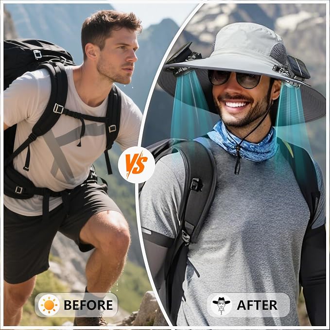 Solar Fan Hat, Wide Brim Sun Hat with 2 Built-in Solar Fans, UPF 50+ Sun Protection Outdoor Fishing Hiking Camping Beach