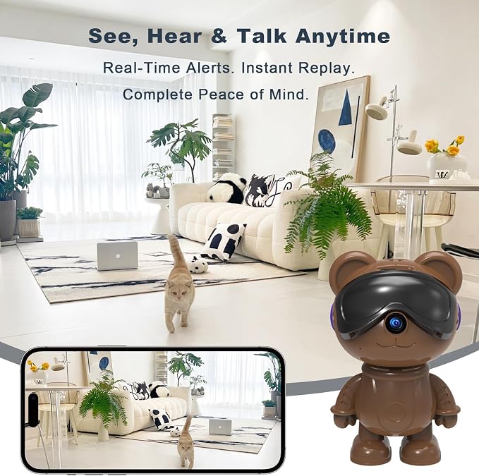 3K 5MP Indoor Security Camera for Home – Cute Bear Baby Monitor & Pet Camera, 2.4/5G WiFi, AI Human & Pet Detection with Auto Tracking, IR Night Vision, RTSP/ONVIF, Works with Alexa & Google