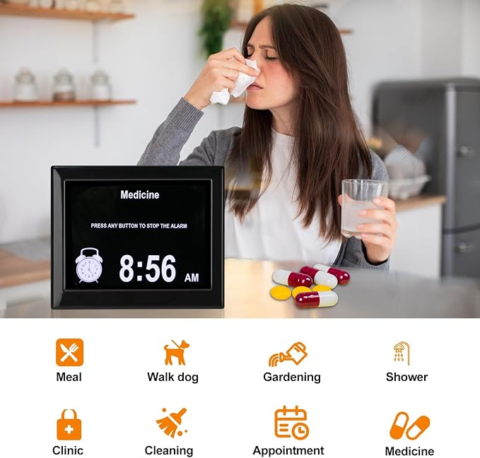 Day Date Time Clock for Seniors Elderly 3 Medication Reminders+ 5 Custom Reminders Digital Calendar Dementia Impaired Vision Memory Loss Clock(Black,8-inch)