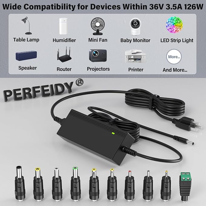 36V 3.5A 3A 2.5A Charger Power Cord with 10 DC Jacks,PERFEIDY 36Volt 2A 1.5A 1A 0.5A 2000mA 1500mA 1000mA 500mA DC in Adapter Power Supply