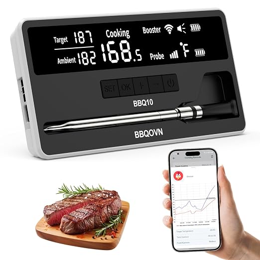 BBQOVN Smart WiFi Wireless Meat Thermometer, Sub-1G Long Range 1000FT, 7 NIST Certified Sensors in 1 Thinner Probe ±0.5℉ Accuracy, Standalone Base with App (Dark Gray) | Unlimited Range Sub-1G IP68 Waterproof Large Magnetic Base Display for Grill, Smok...