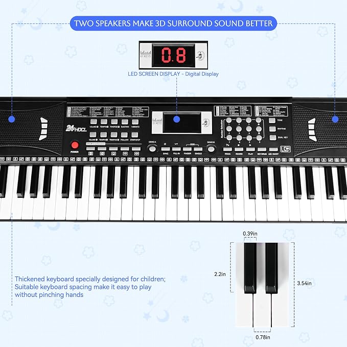 Keyboard Piano 61 Lighted Keys, Electric Keyboard Kit with 100 Voices, 100 Rhythms - Built-In Speaker, Microphone, Sheet Stand and Power Supply, Gift for Children Beginners [Black, Piano Only]