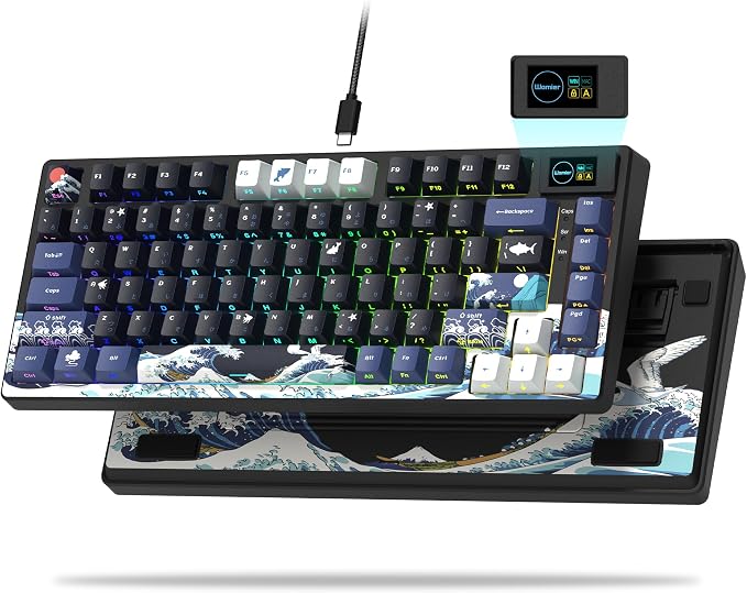 Womier SK80 75% Keyboard with Color Multimedia Display Mechanical Gaming Keyboard Creamy Sound, Wired Hot Swappable Gasket Mount RGB Custom Key Board, Pre-lubed Stabilizer for Mac/Win, Black Kanagawa