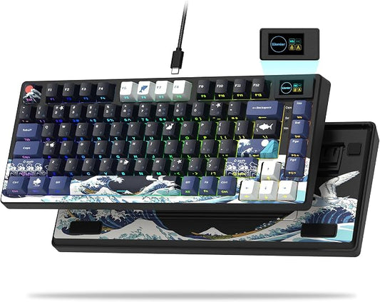 Womier SK80 75% Keyboard with Color Multimedia Display Mechanical Gaming Keyboard Creamy Sound, Wired Hot Swappable Gasket Mount RGB Custom Key Board, Pre-lubed Stabilizer for Mac/Win, Black Kanagawa